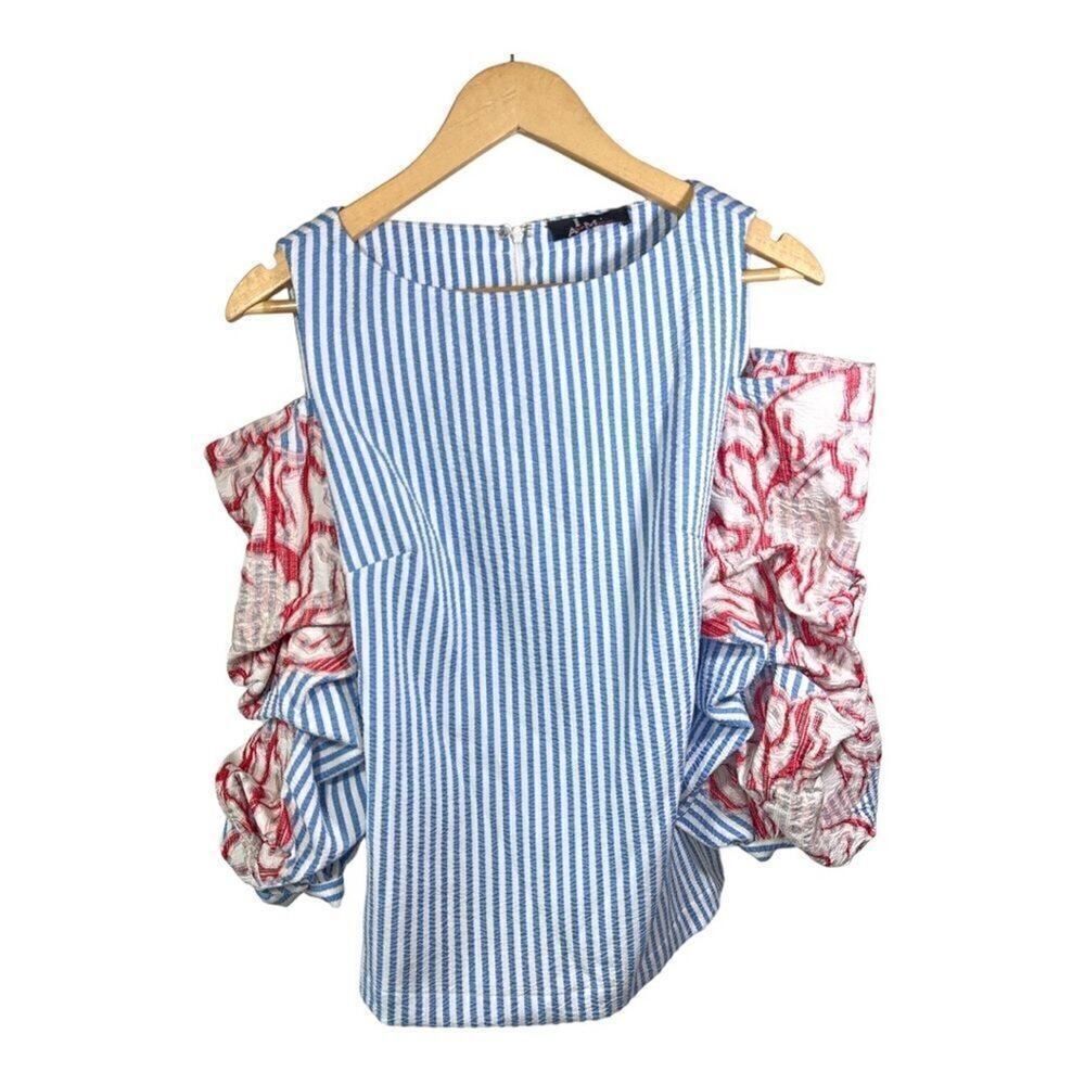 ALBERTO MAKALI Women’s Cold Shoulder Ruched Sleeve Striped Top Blue Size Small